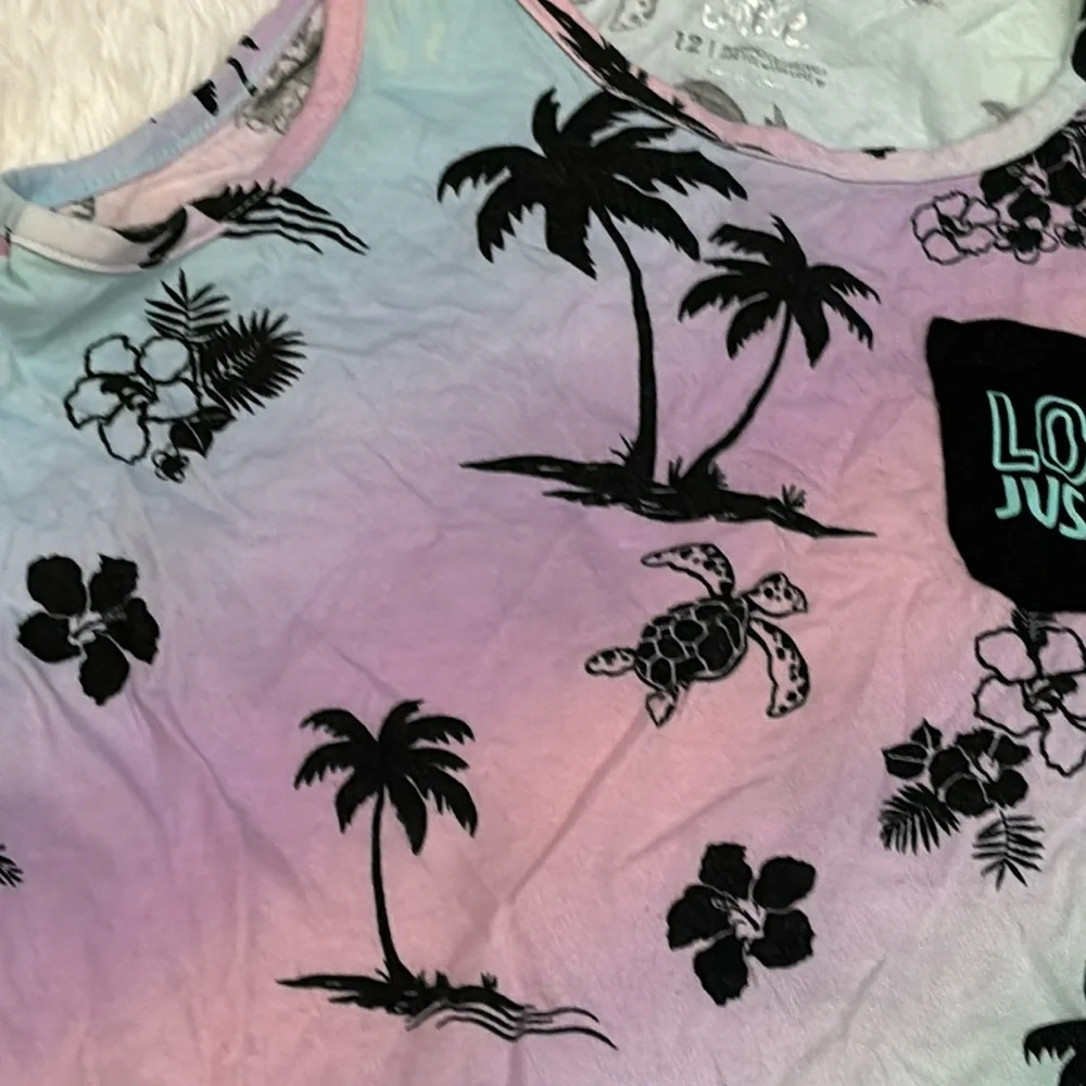 JUSTICE Tropical Tank Top | Girls Size 12 | Palm Trees, Sea Turtles & Hibiscus